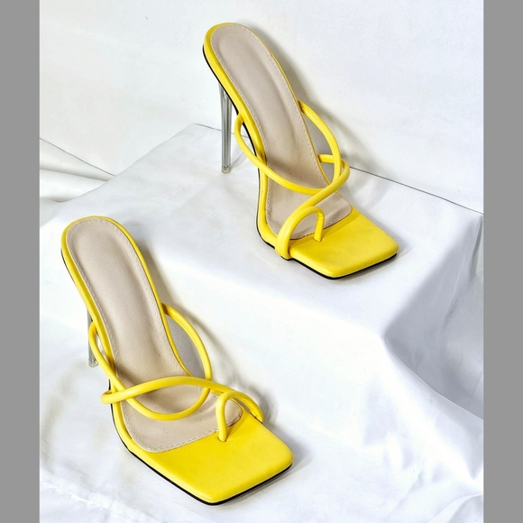 Size 8.5 Bold Yellow Square Toe Heels with Clear Stiletto - Picture 1 of 6